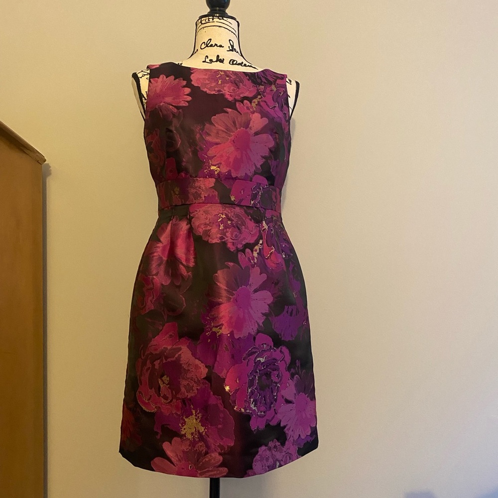 Gorgeous fuchsia, gold and black sleeveless dress by Tahari.